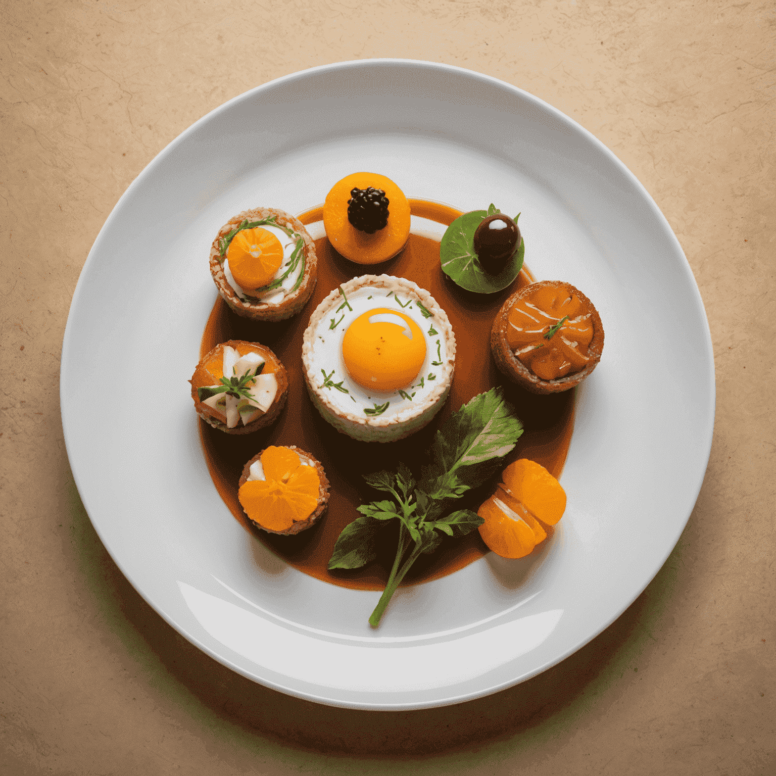 Un plato de alta cocina con una presentación visualmente impresionante, utilizando técnicas de emplatado profesional.