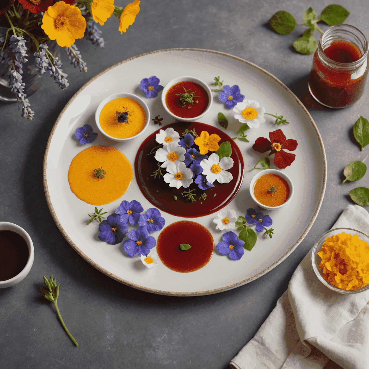 Primer plano de un plato de comida elegantemente presentado con flores comestibles y salsas artísticas