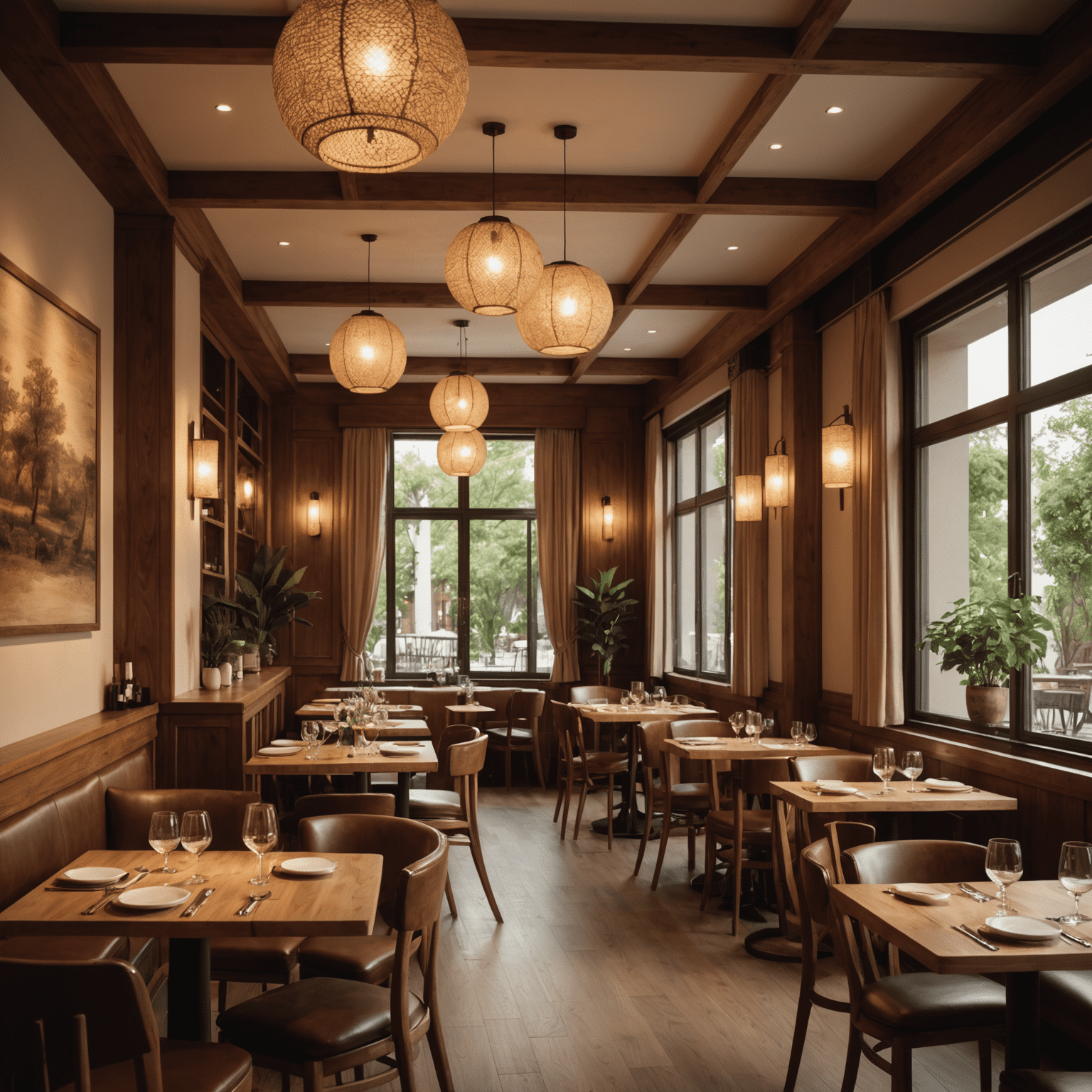 Interior de un restaurante con iluminación cálida, muebles de madera y decoración elegante que crea un ambiente acogedor e íntimo