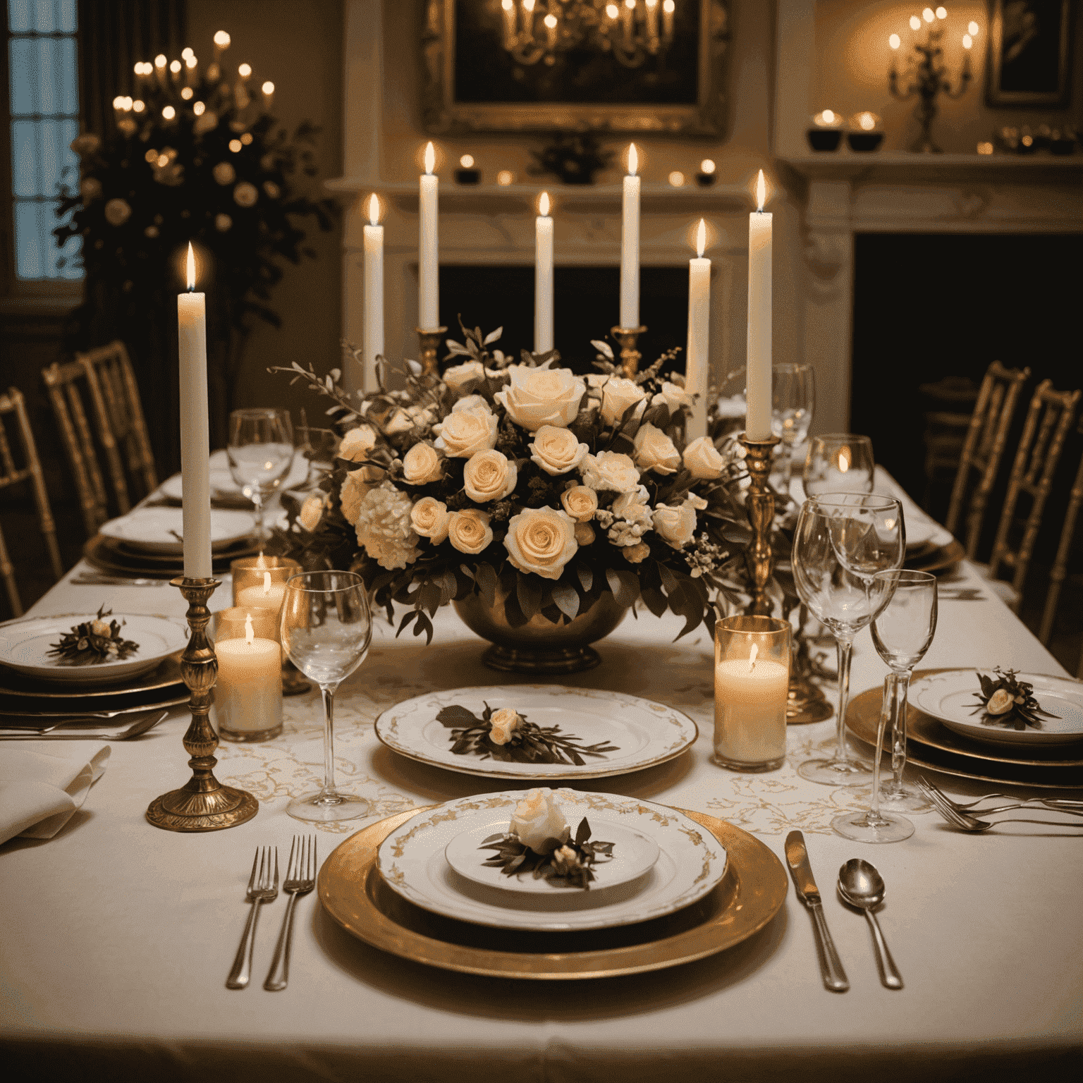 Una mesa elegantemente decorada con platos de comida gourmet, velas y flores, creando una experiencia sensorial completa