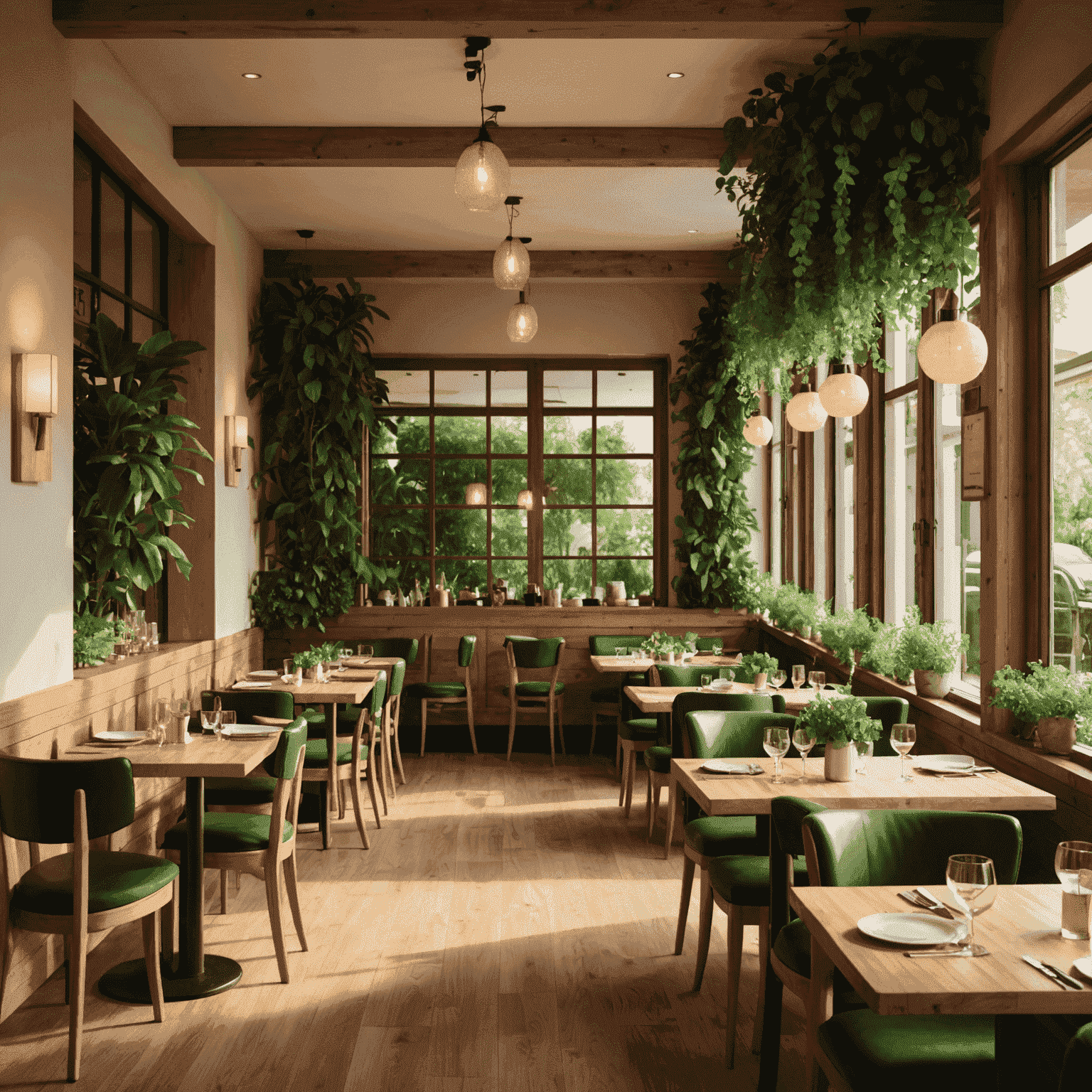 Interior de un restaurante con iluminación cálida, muebles de madera y decoración verde