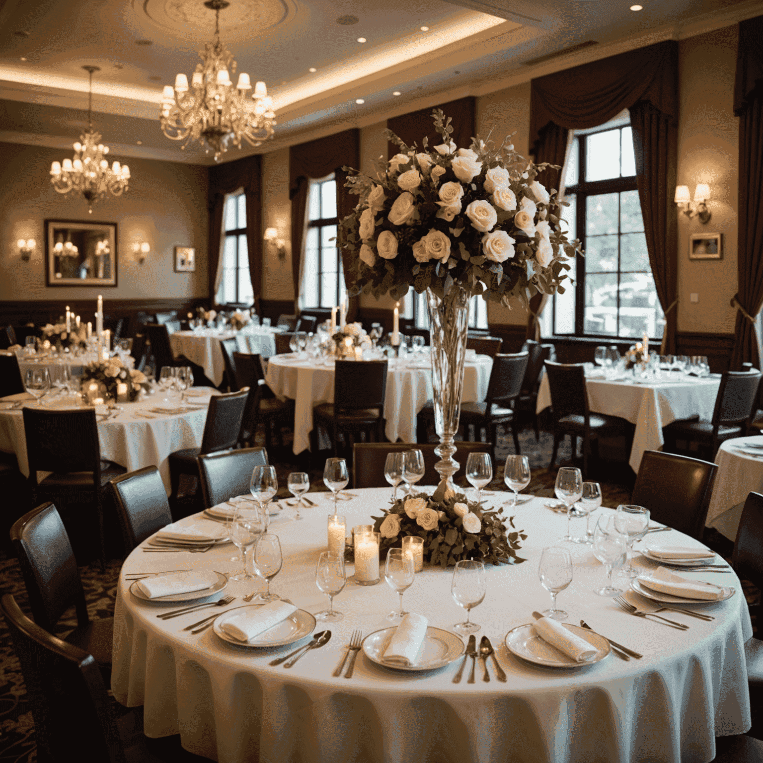 Mesas de restaurante cubiertas con manteles elegantes, centros de mesa florales, velas y vajilla fina, creando una atmósfera sofisticada