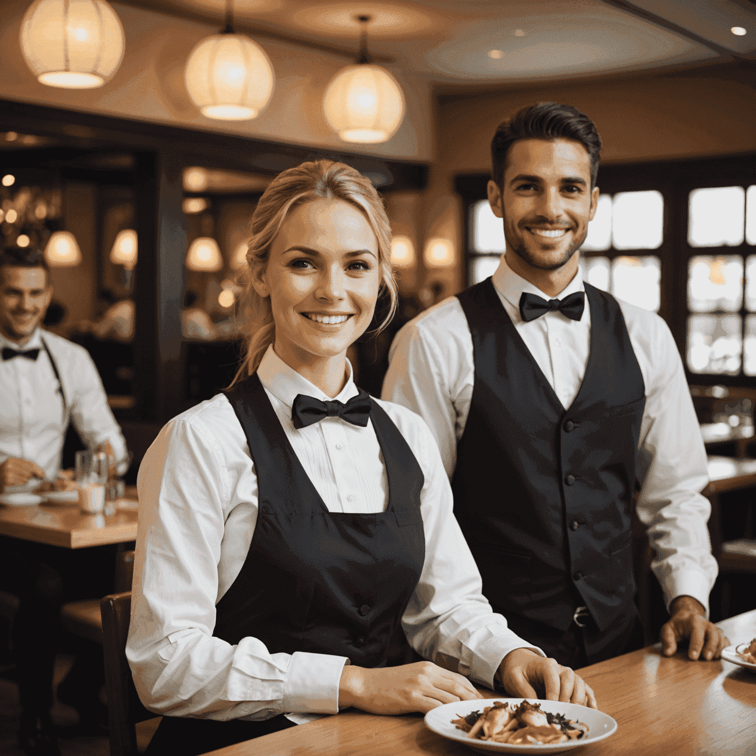 Camareros sonrientes y atentos sirviendo a los comensales en un restaurante